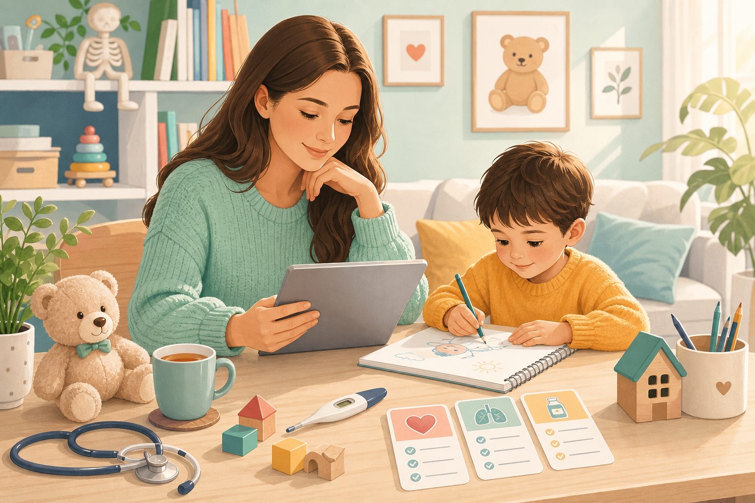 Părinte care citește recomandări pediatrice lângă copil